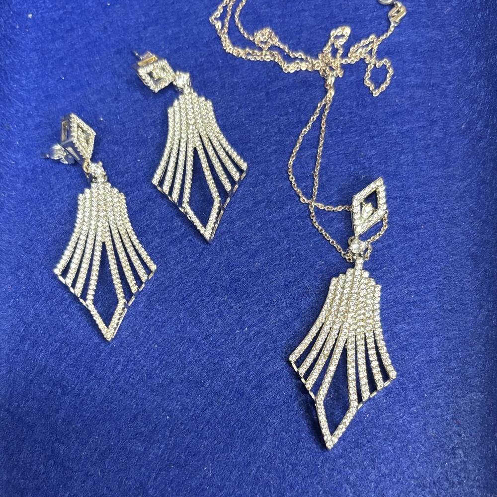 Silver Necklace & Earrings Set Pavé Rhinestones